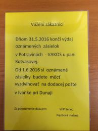 Ukončenie výdaju oznámených zásielok v Potravinách Lucia 1